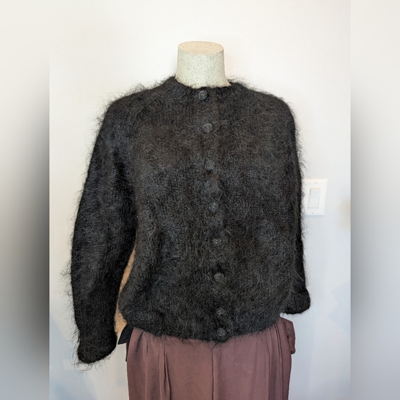 Vintage Hand Knit Mohair Wool Cardigan Sweater Black  Woman's Size 1x 14/16 - Picture 4 of 10